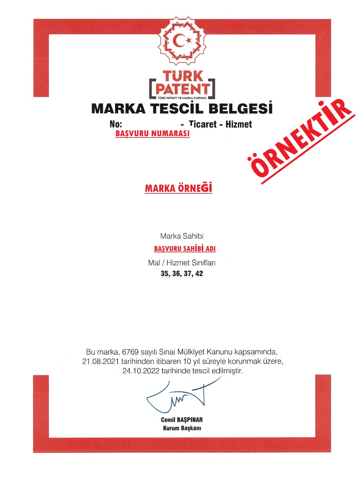 Örnek TÜRKPATENT marka tescil belgesi